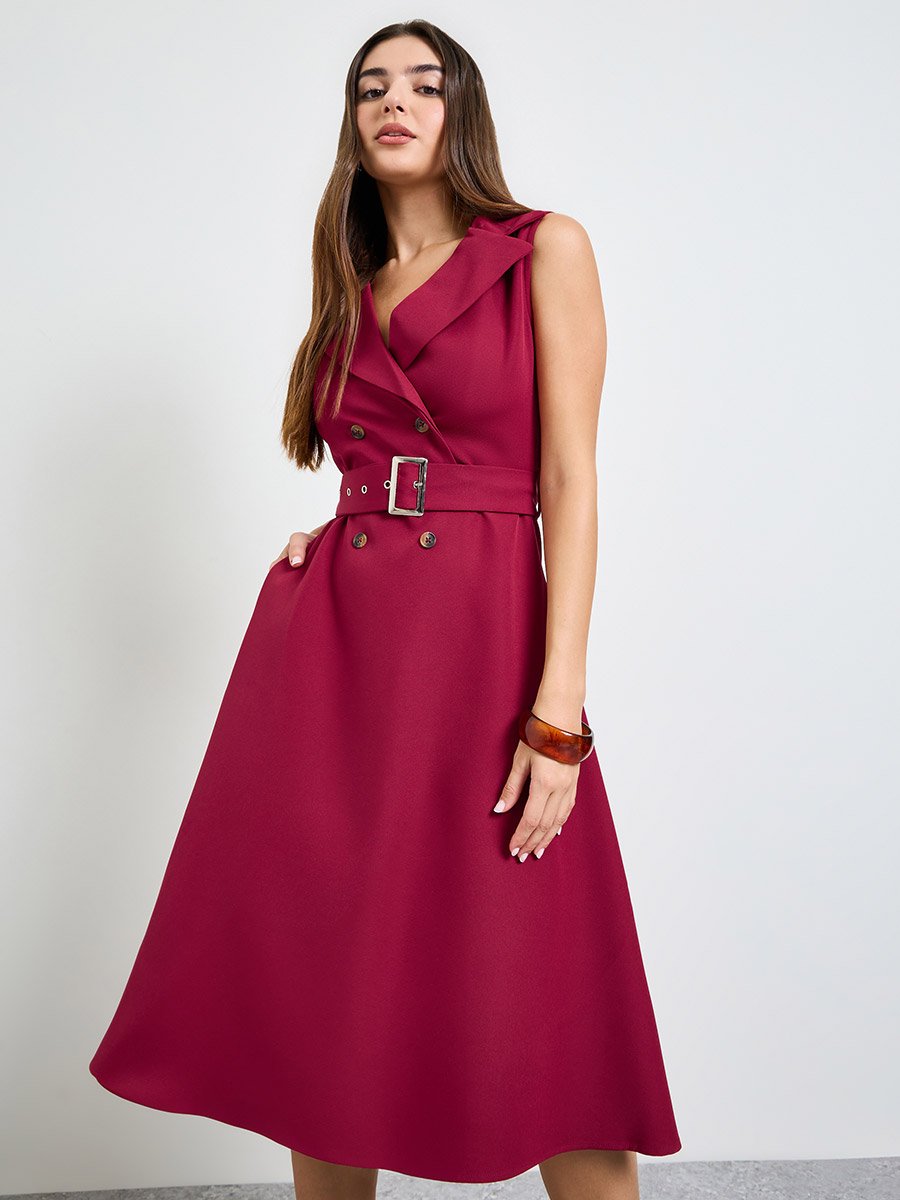 Magenta Sleeveless Blazer Midi Dress with Belt