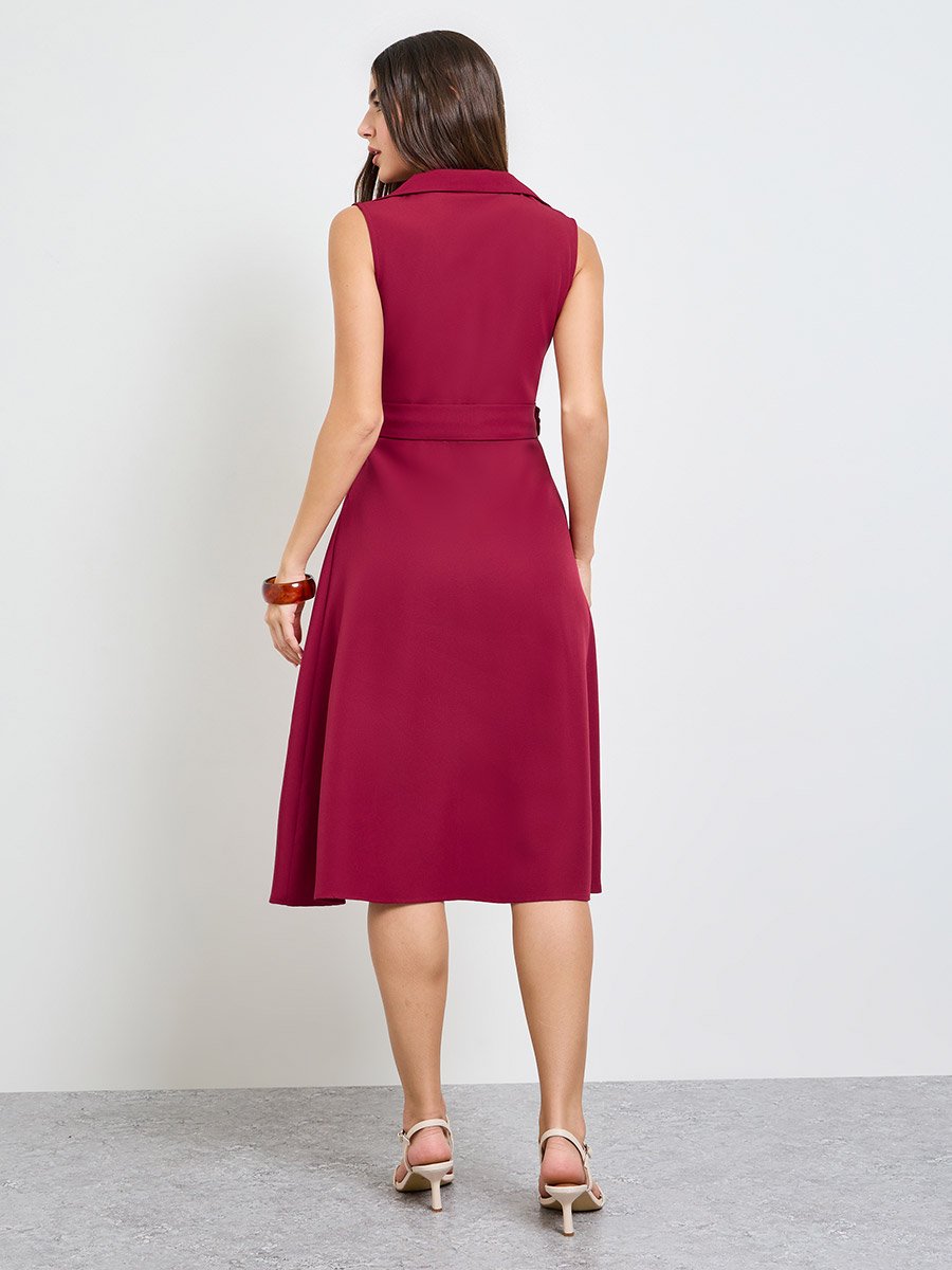 Magenta Sleeveless Blazer Midi Dress with Belt
