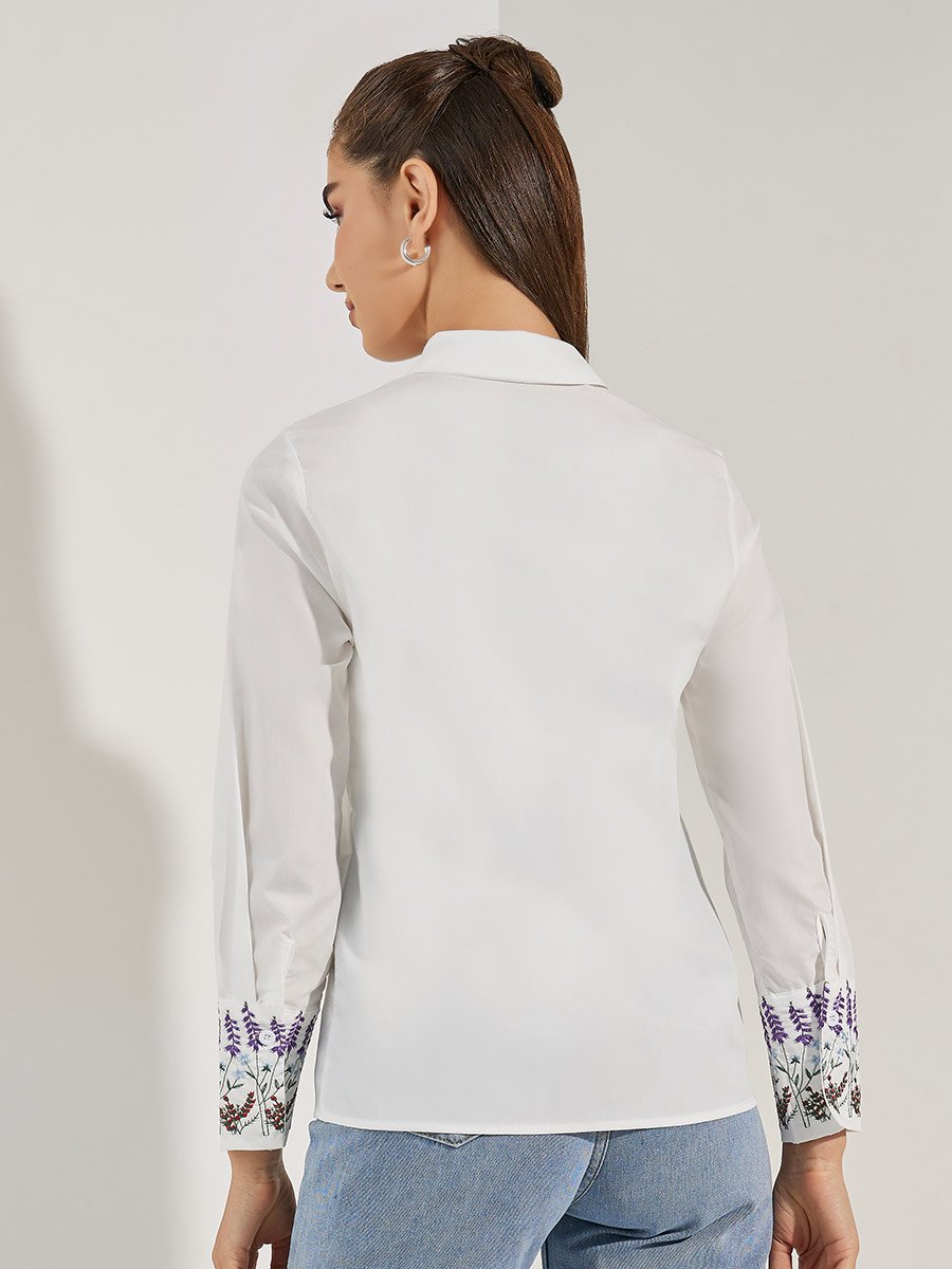 Embroidery Detail Cuffed Long Sleeve Shirt