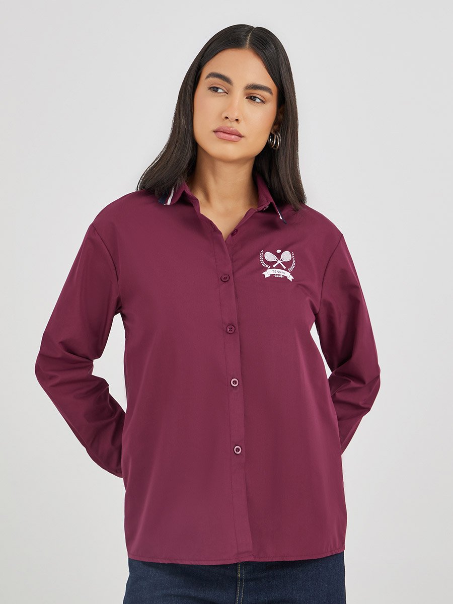Ribbed Collar Shirt with Minimal Print