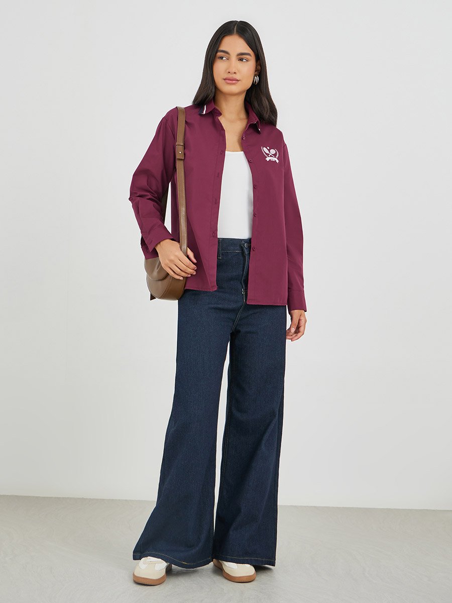 Ribbed Collar Shirt with Minimal Print