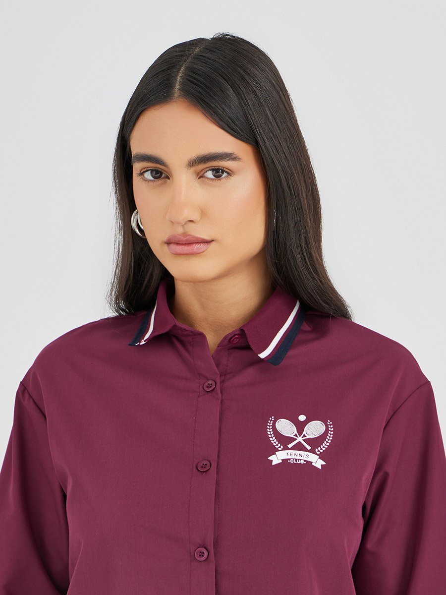 Ribbed Collar Shirt with Minimal Print