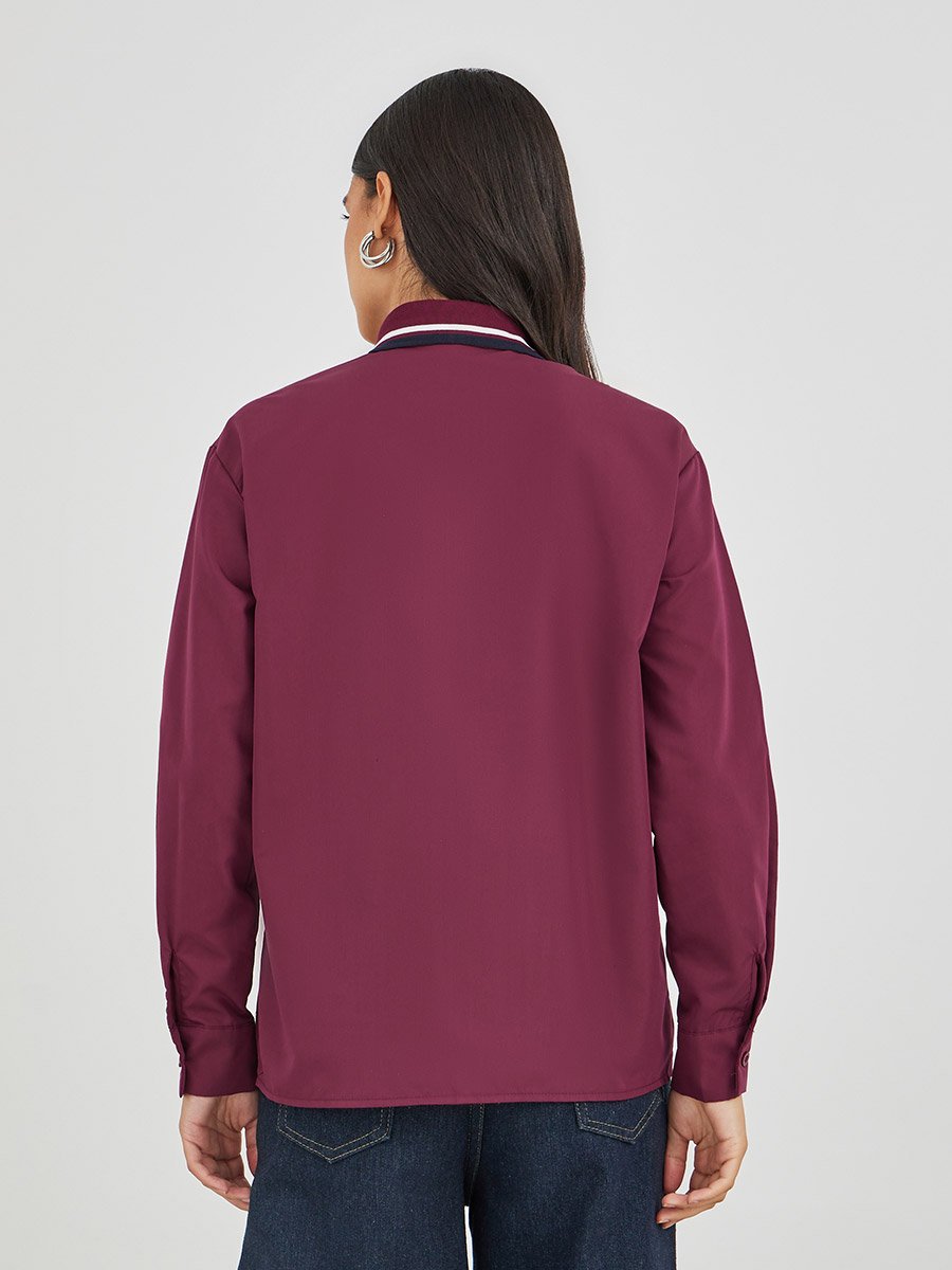 Ribbed Collar Shirt with Minimal Print