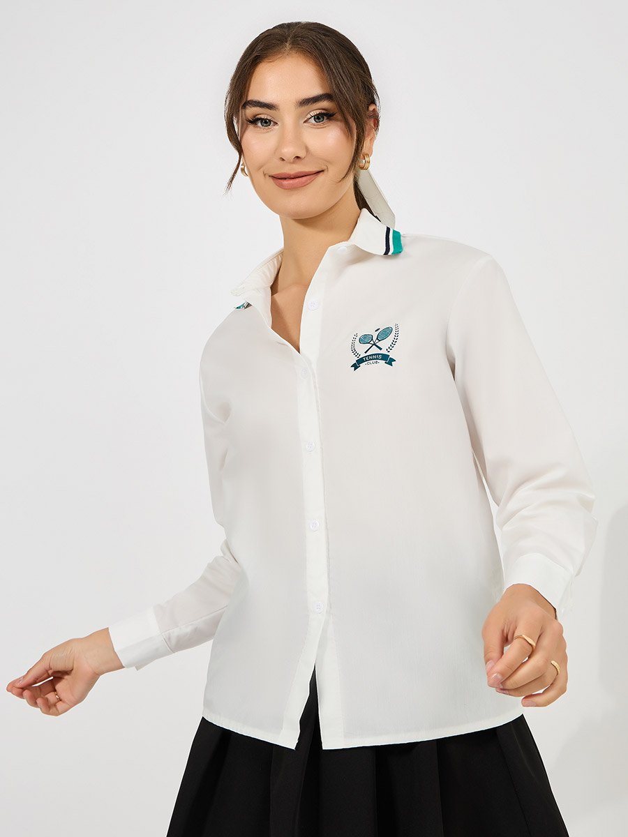 Ribbed Collar Shirt with Minimal Print