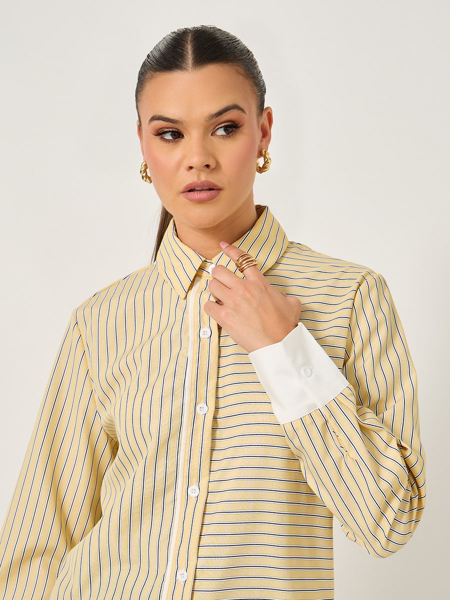 Striped Regular Fit Shirt with Solid Contrast Cuffs Detail