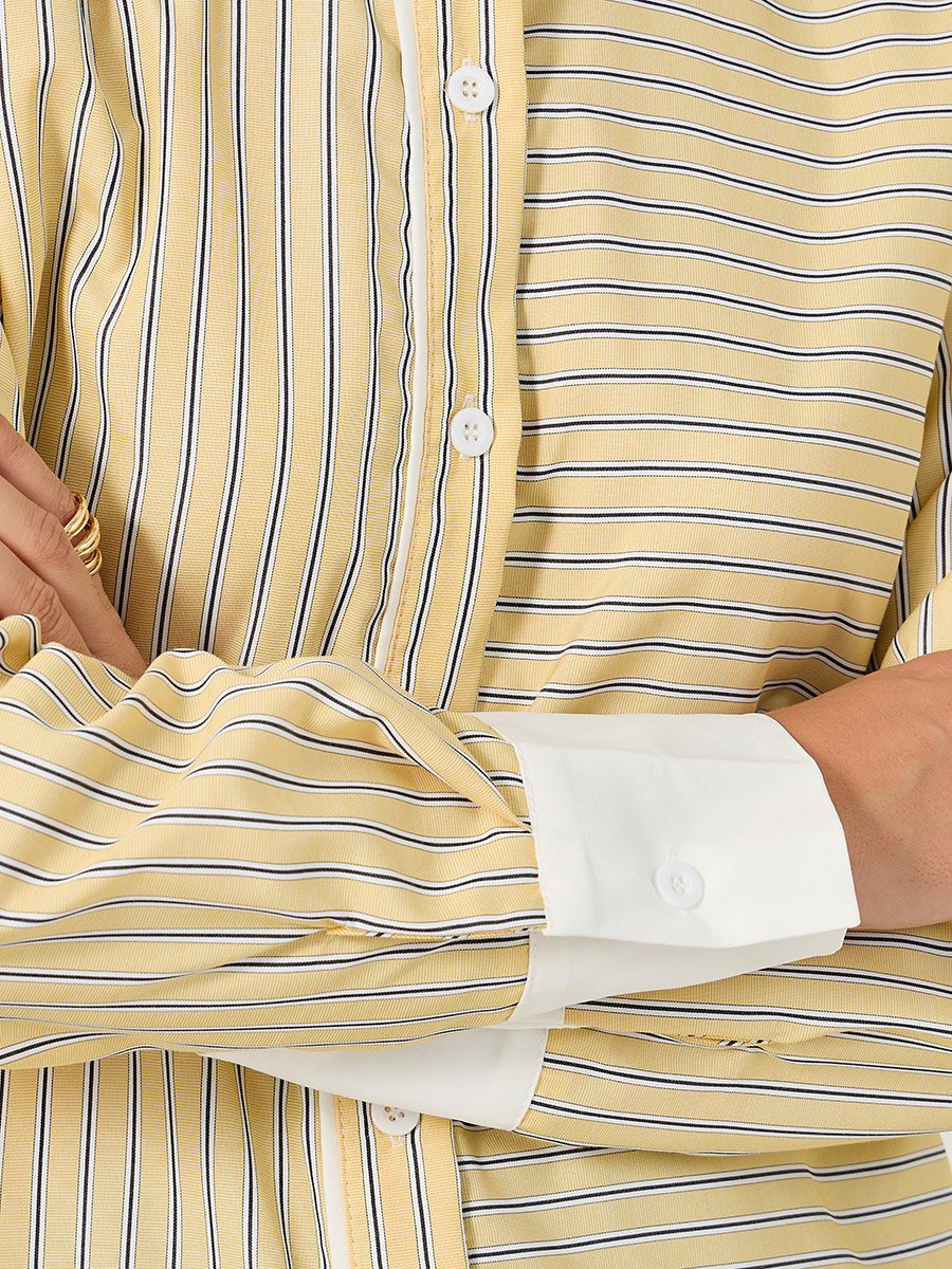 Striped Regular Fit Shirt with Solid Contrast Cuffs Detail