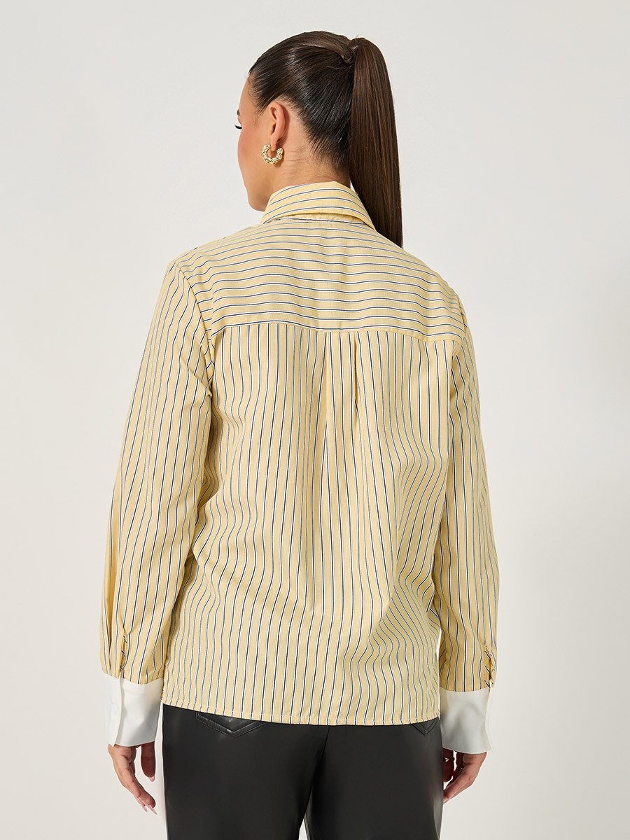 Striped Regular Fit Shirt with Solid Contrast Cuffs Detail