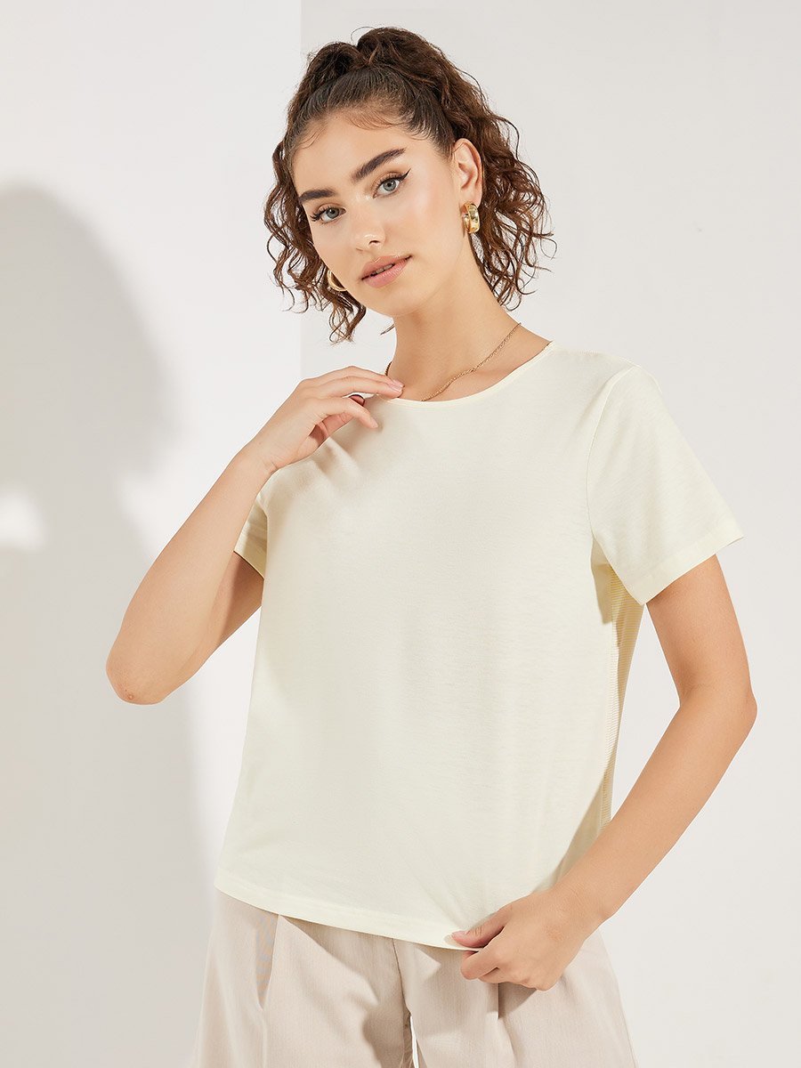 Striped Woven Back Round Neck Top