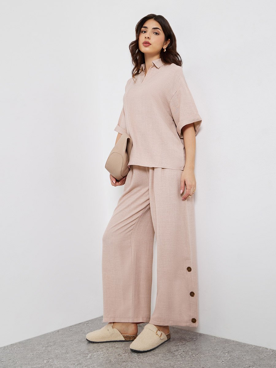 Beige Oversized Top and Wide Leg Pants Modest Set