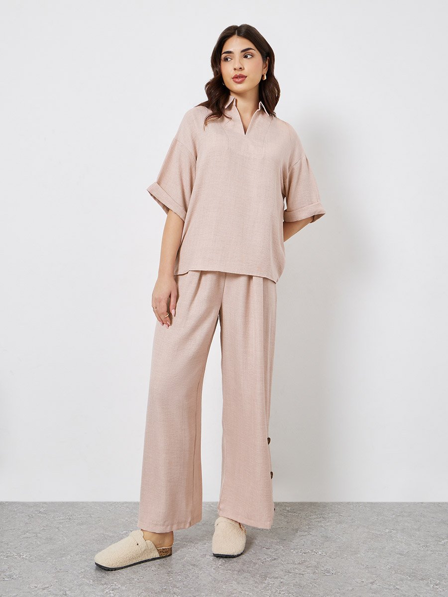 Beige Oversized Top and Wide Leg Pants Modest Set