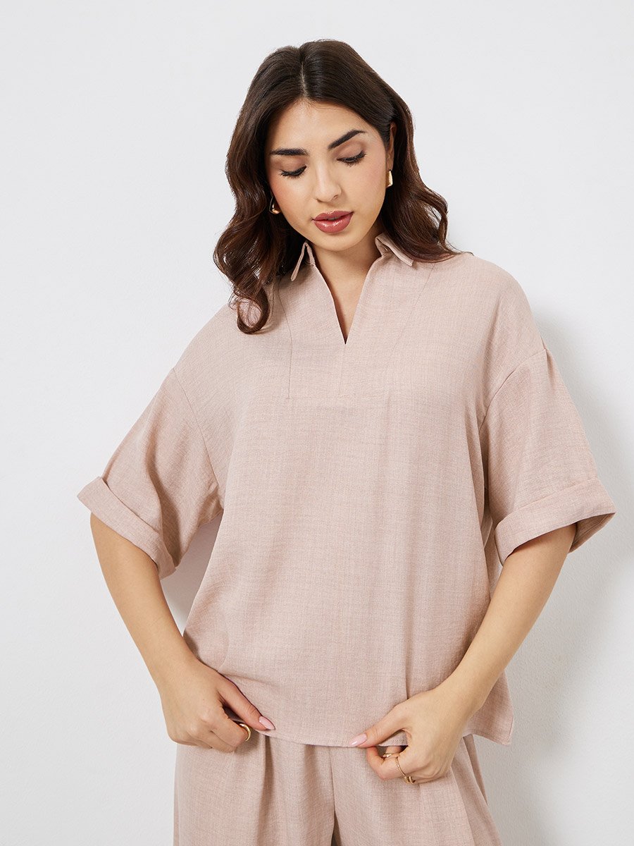 Beige Oversized Top and Wide Leg Pants Modest Set