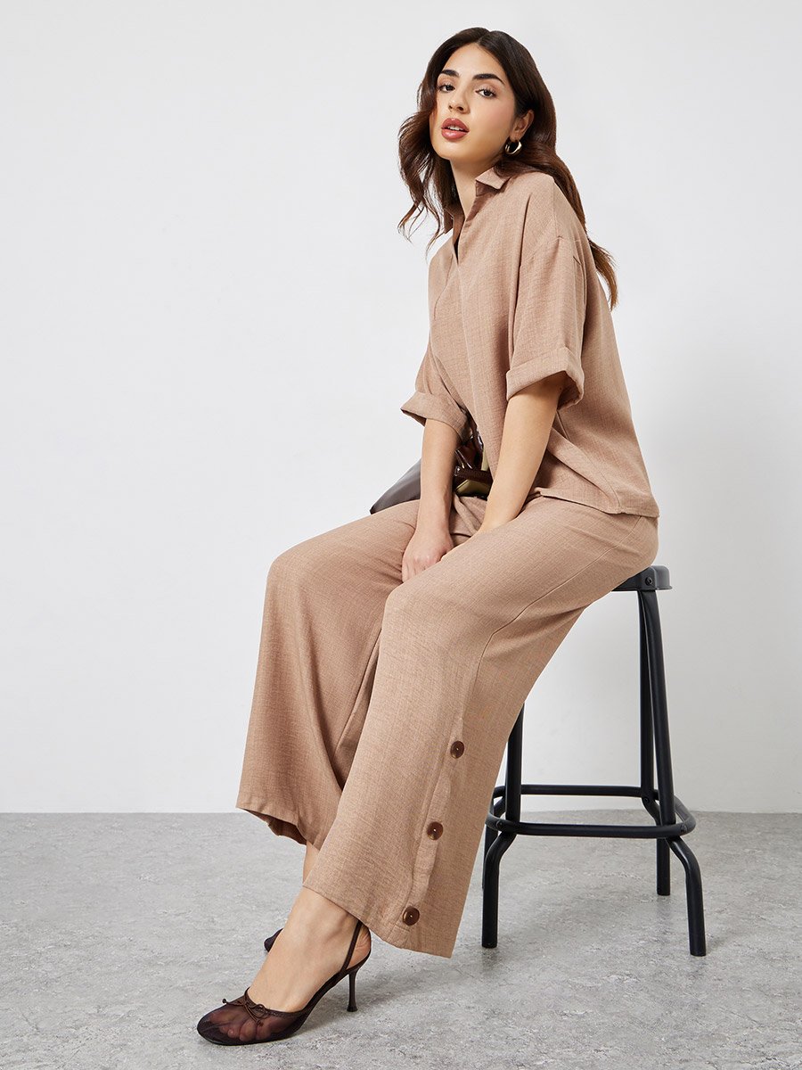 Brown Oversized Top and Wide Leg Pants Modest Set