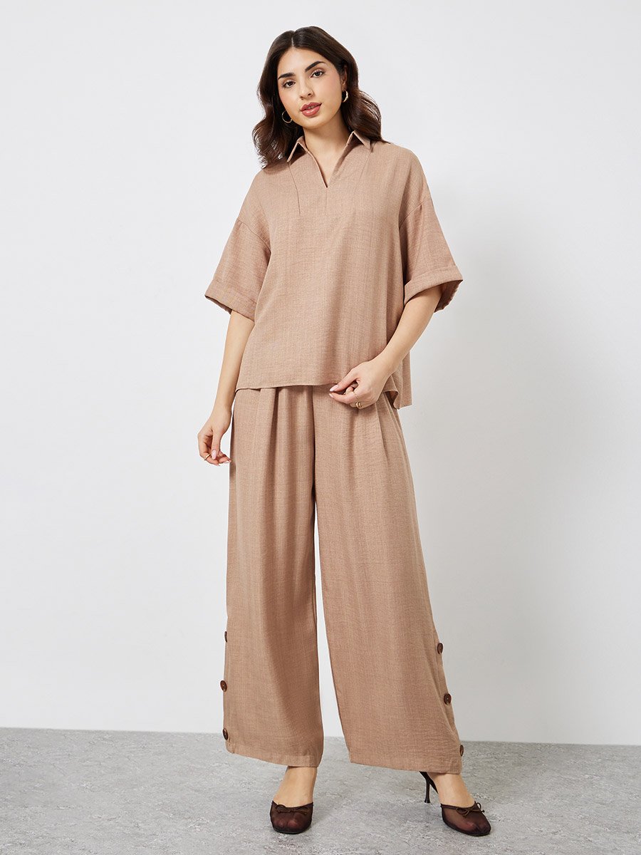 Brown Oversized Top and Wide Leg Pants Modest Set