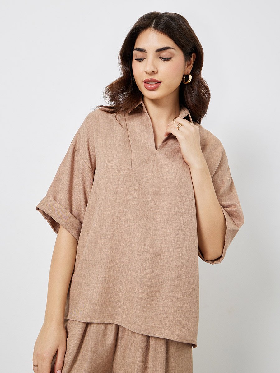 Brown Oversized Top and Wide Leg Pants Modest Set