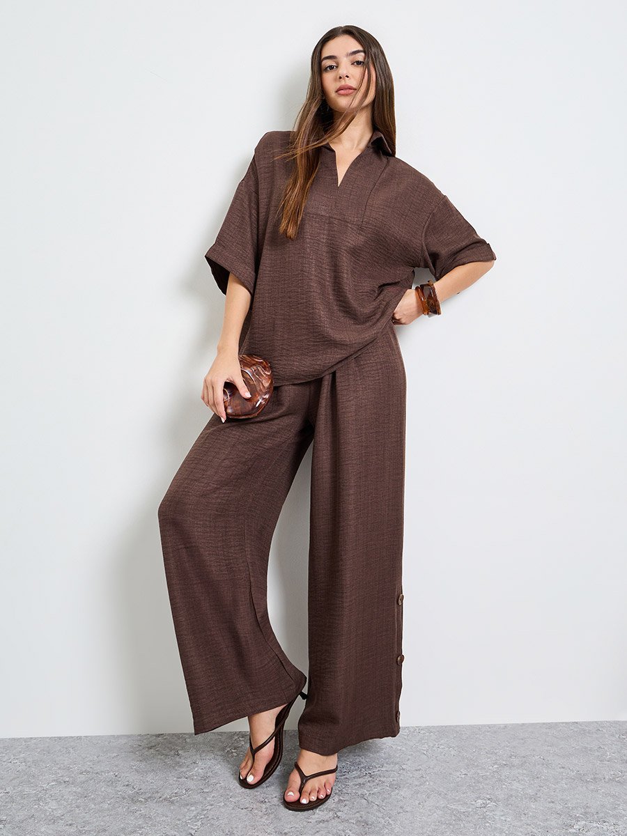 Brown Oversized Top and Wide Leg Pants Modest Set