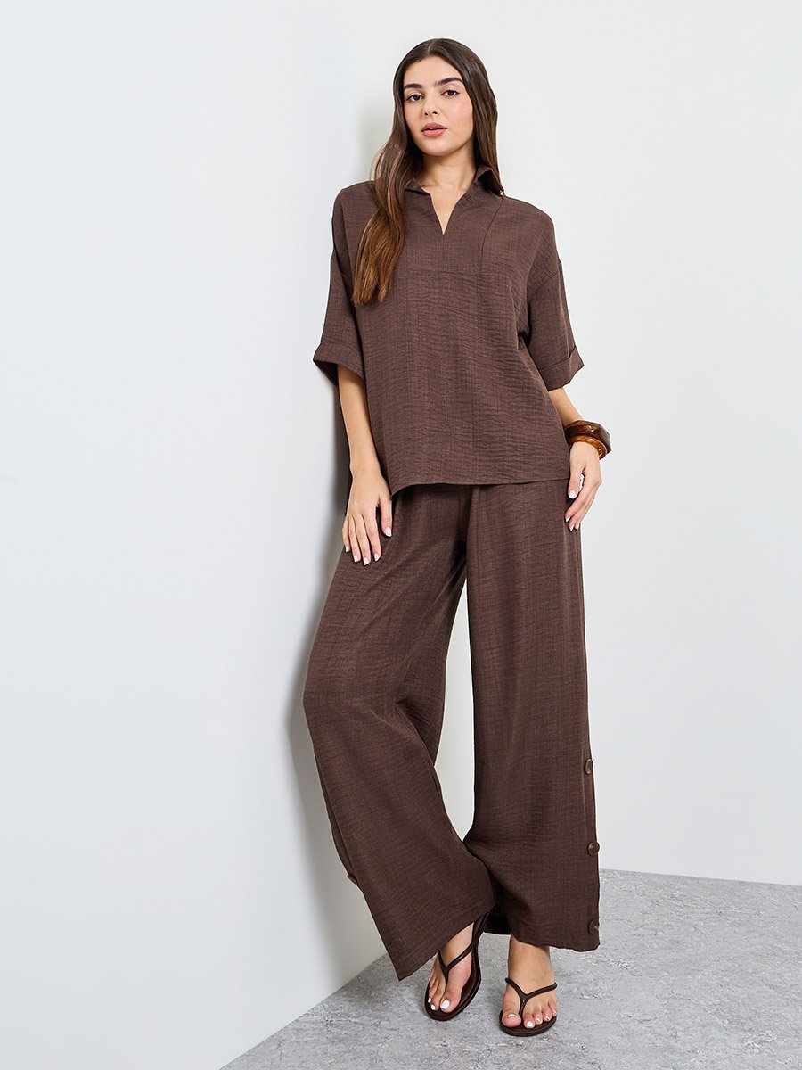 Brown Oversized Top and Wide Leg Pants Modest Set