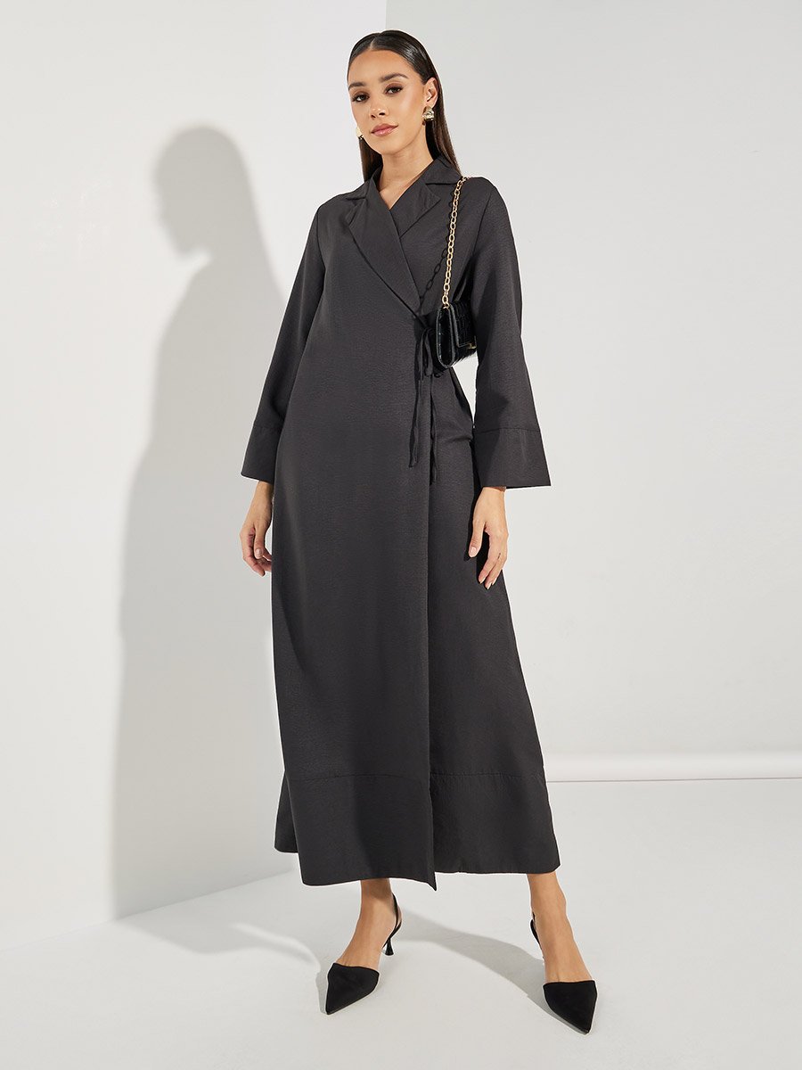 Notch Lapel Wrap Abaya with Tie Waist