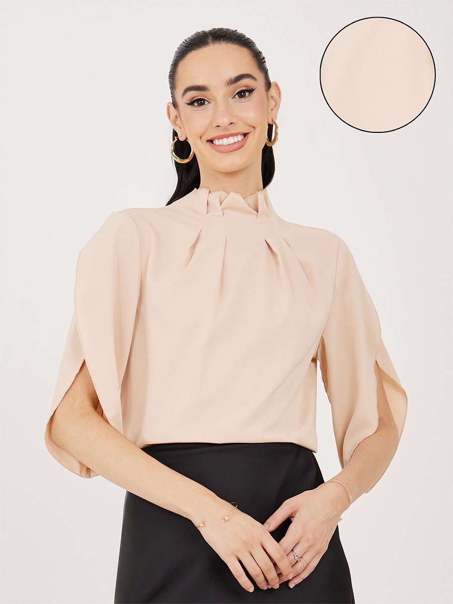Pleated High Neck Blouse with Tulip Sleeves For Women at UAE | Styli