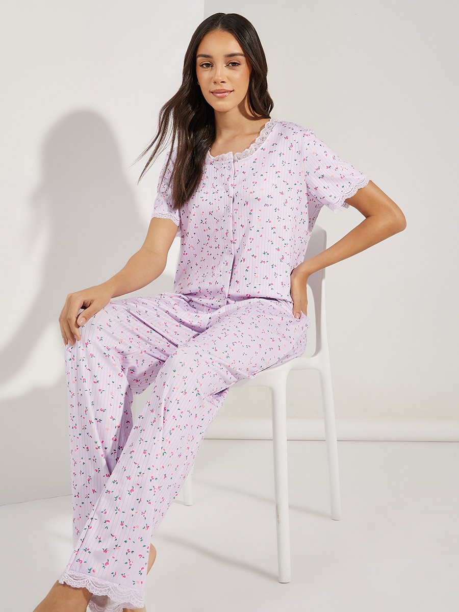 Ribbed All Over Print Lace Trim Shirt and Pyjama Set