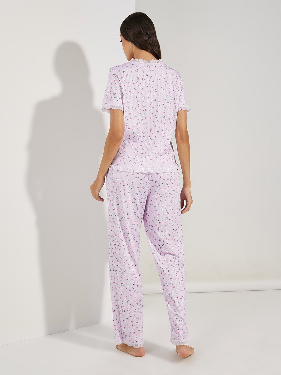 Ribbed All Over Print Lace Trim Shirt and Pyjama Set