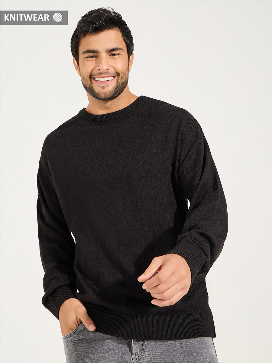 Relaxed Fit Crew Neck Sweater with Dropped Shoulder