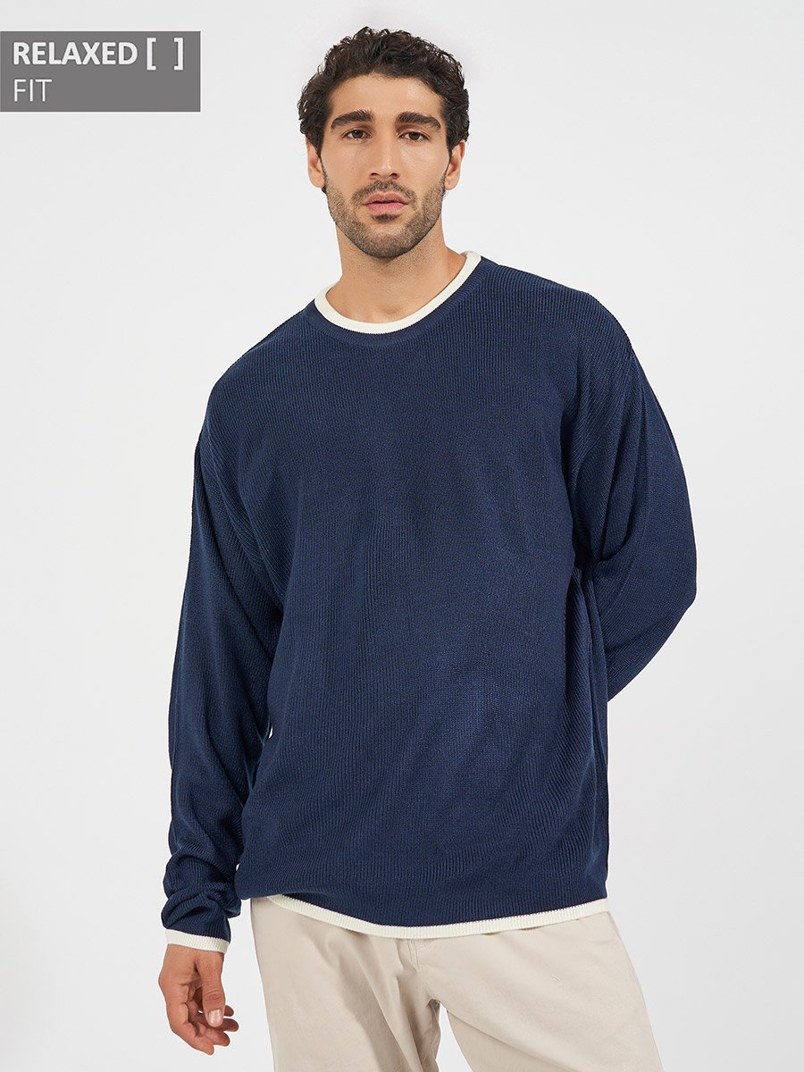 Relaxed Tuck Knit Lightweight Sweater with Contrast Detail