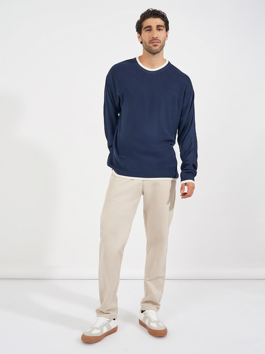 Relaxed Tuck Knit Lightweight Sweater with Contrast Detail