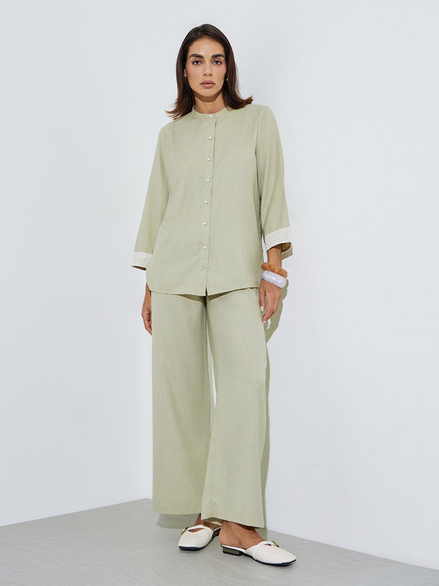 Green Mandarin Collar Shirt and Straight Pants Modest Set