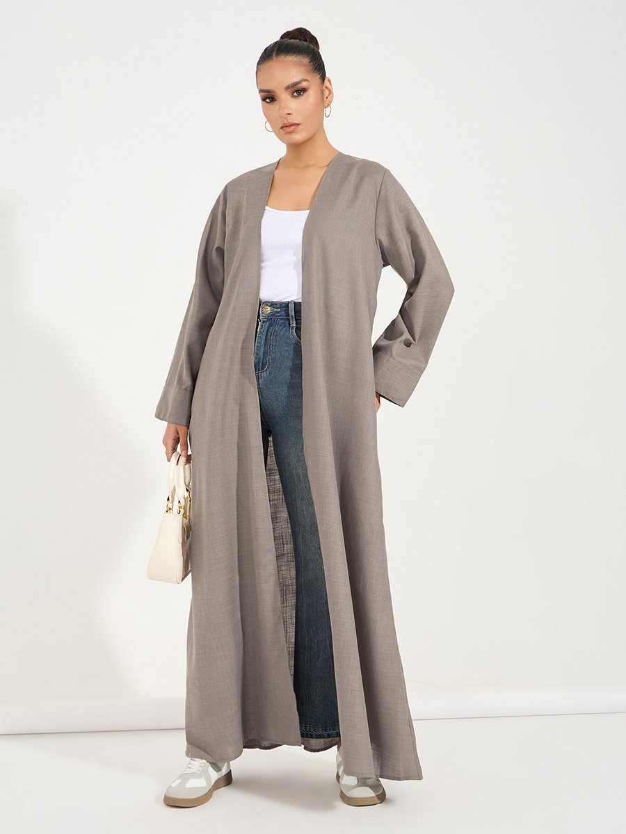 Brown Linen Look Abaya with Wide Sleeves