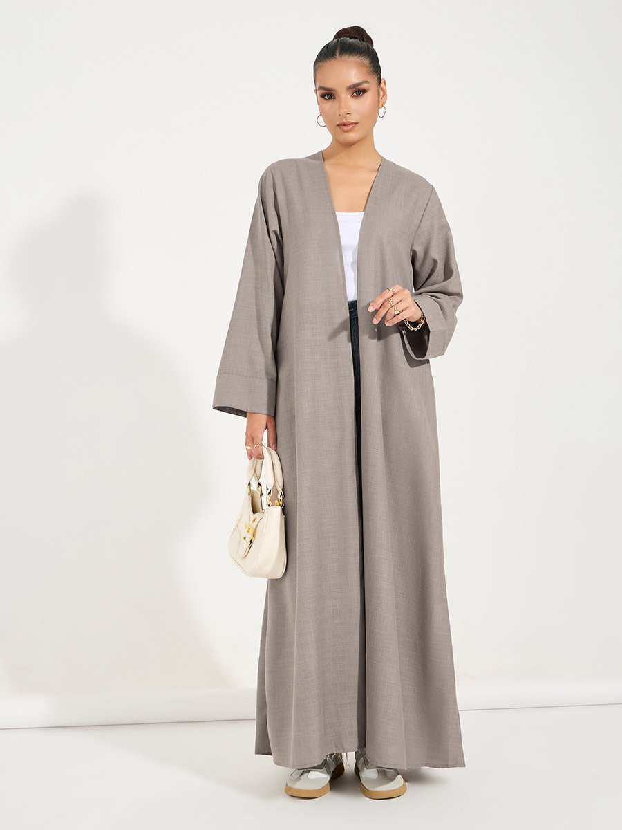 Brown Linen Look Abaya with Wide Sleeves
