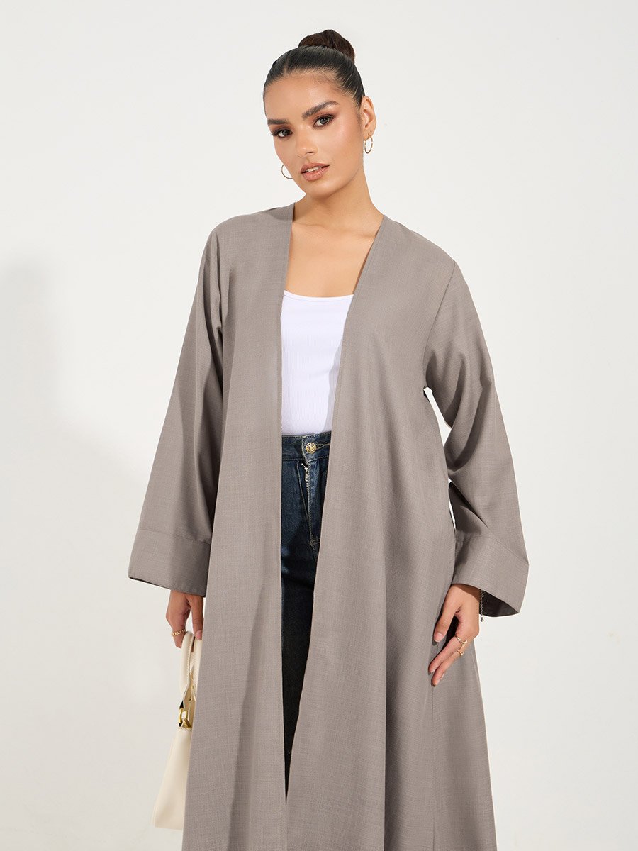 Brown Linen Look Abaya with Wide Sleeves