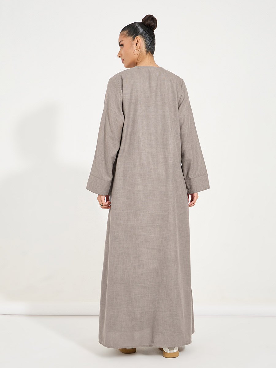 Brown Linen Look Abaya with Wide Sleeves