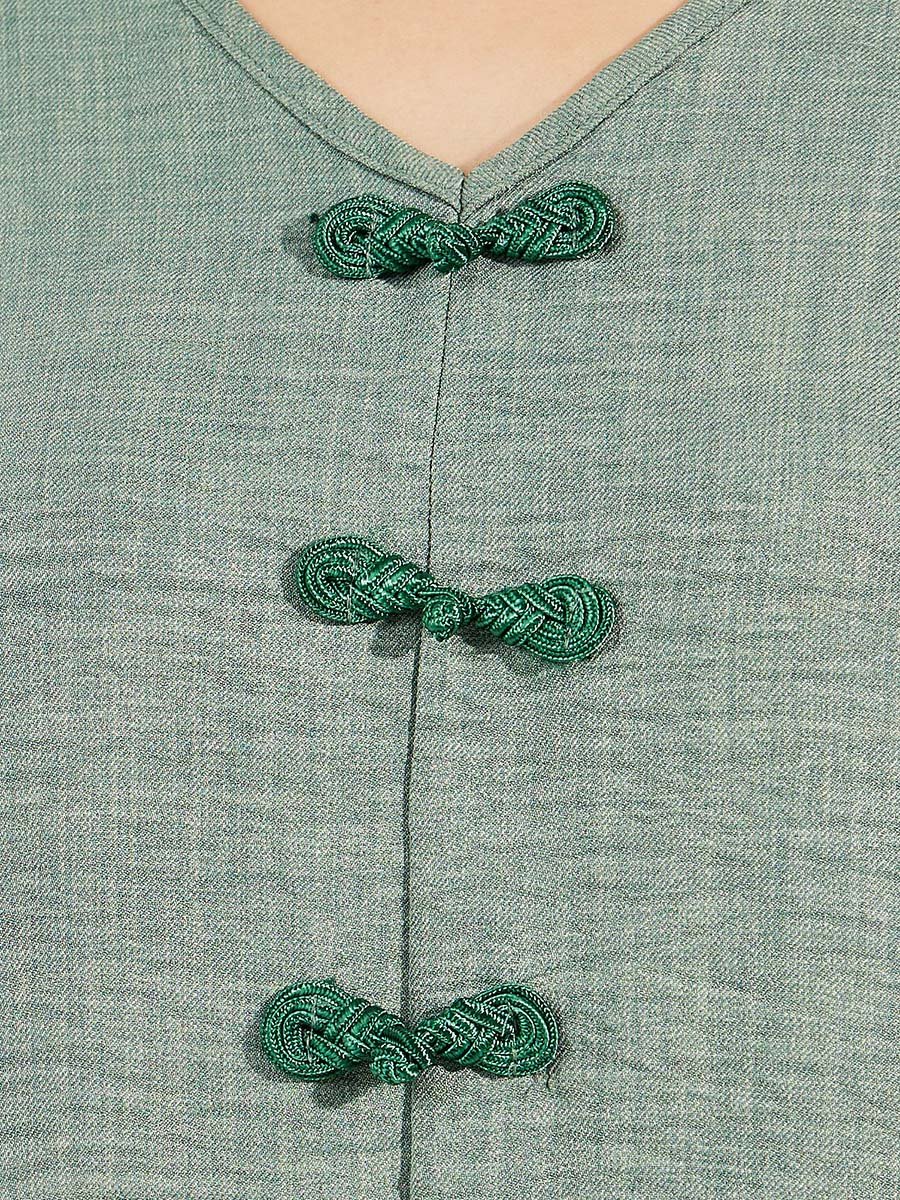 Green V Neck Jalabiya with Decorative Buttons