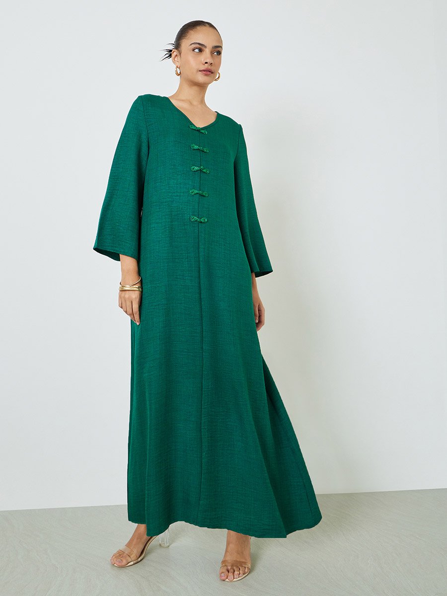 Dark Green V Neck Jalabiya with Decorative Buttons