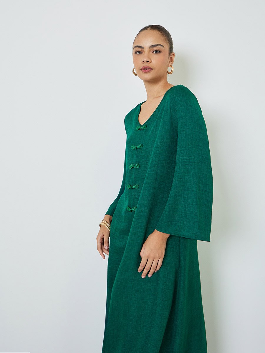 Dark Green V Neck Jalabiya with Decorative Buttons