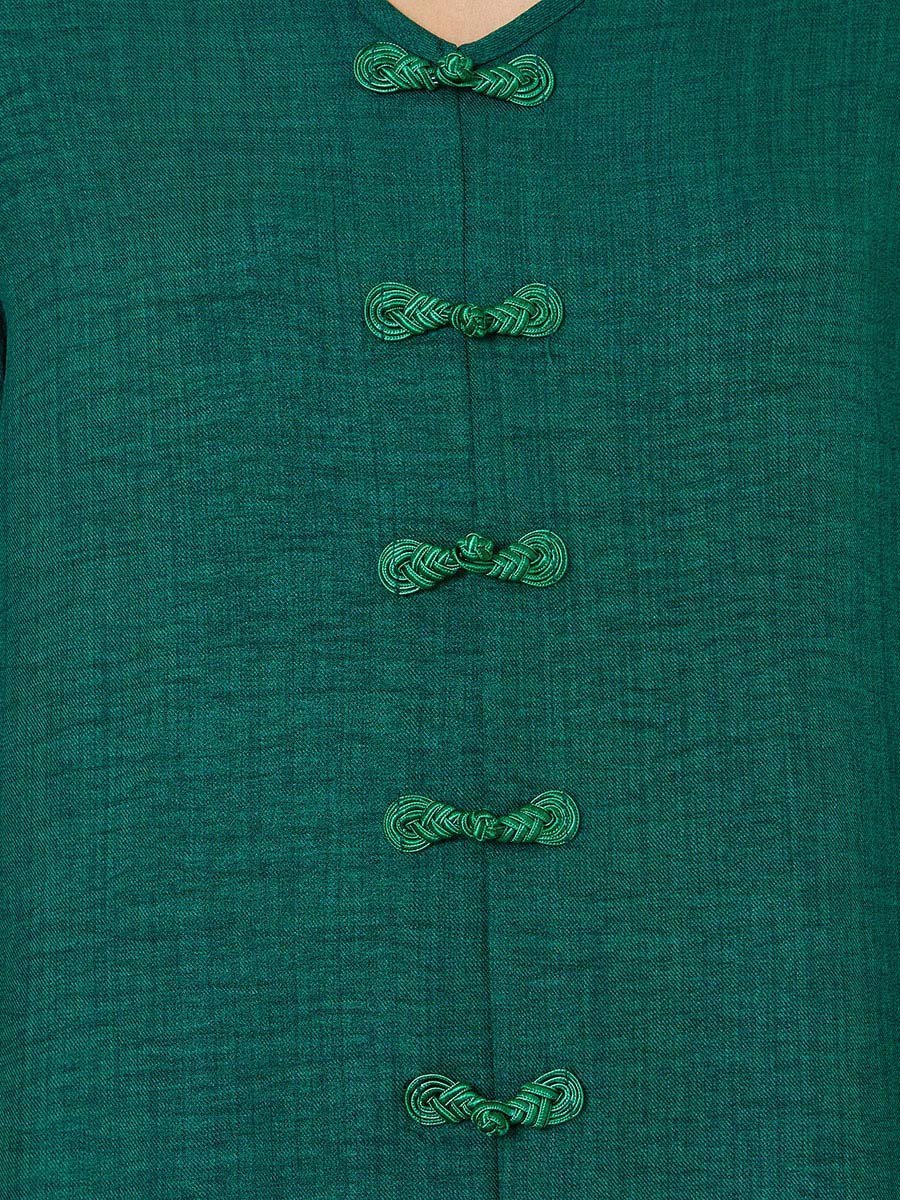Dark Green V Neck Jalabiya with Decorative Buttons