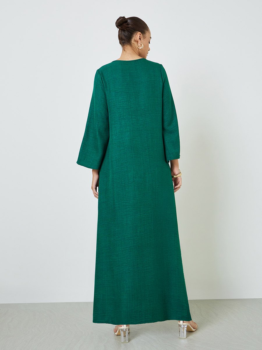 Dark Green V Neck Jalabiya with Decorative Buttons