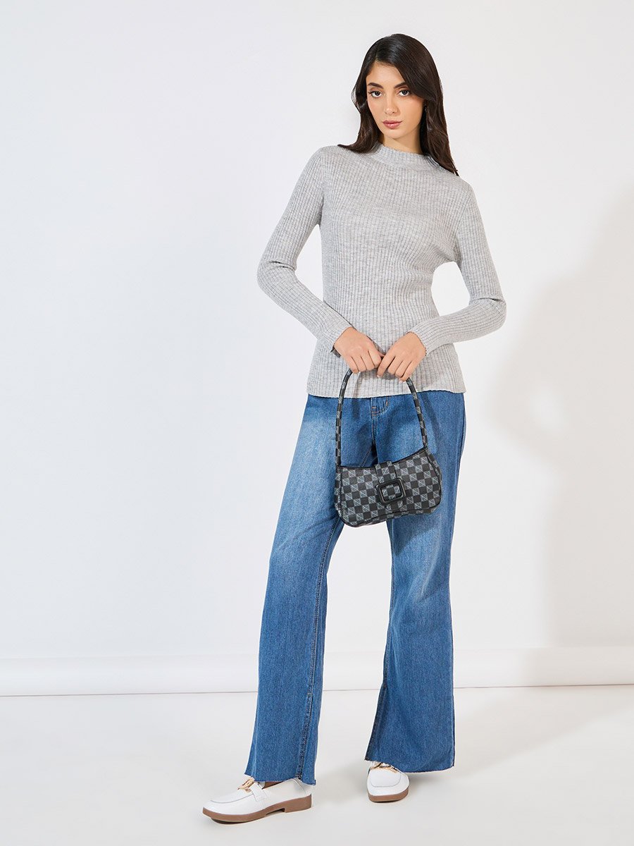 Grey Ribbed Fitted High Neck Sweater