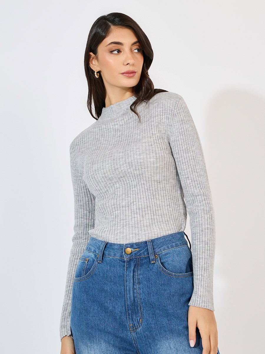 Grey Ribbed Fitted High Neck Sweater