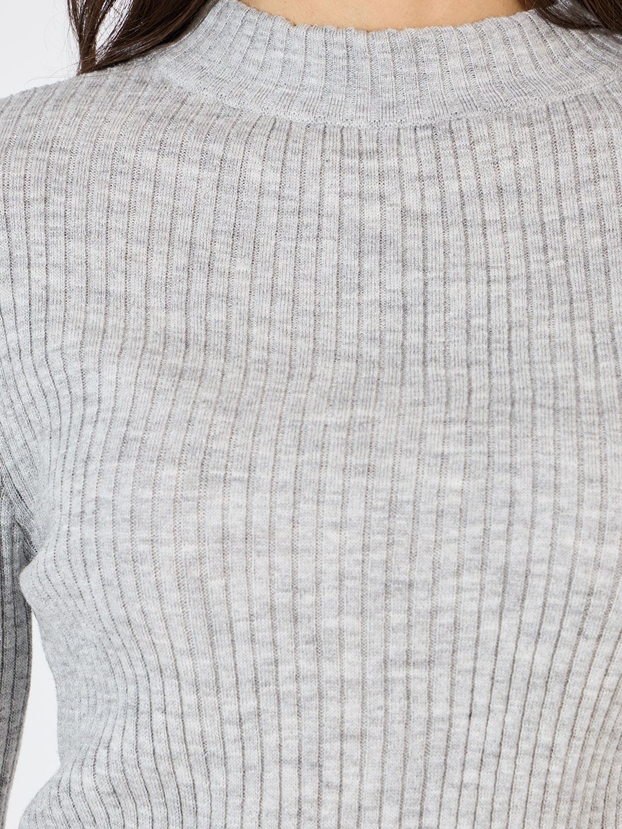 Grey Ribbed Fitted High Neck Sweater