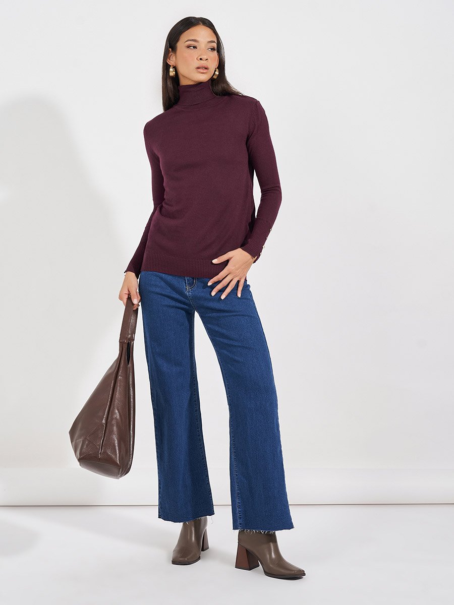 Slim Fit Turtle Neck Sweater with Button Cuff Detail