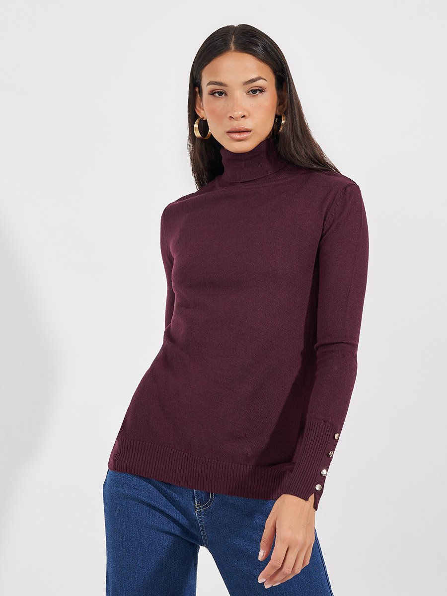 Slim Fit Turtle Neck Sweater with Button Cuff Detail