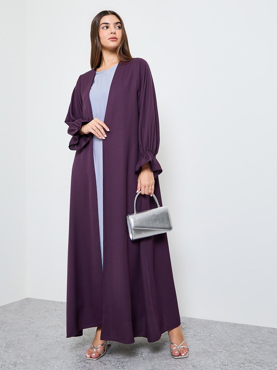 Purple Solid Frill Sleeves Front Open Abaya