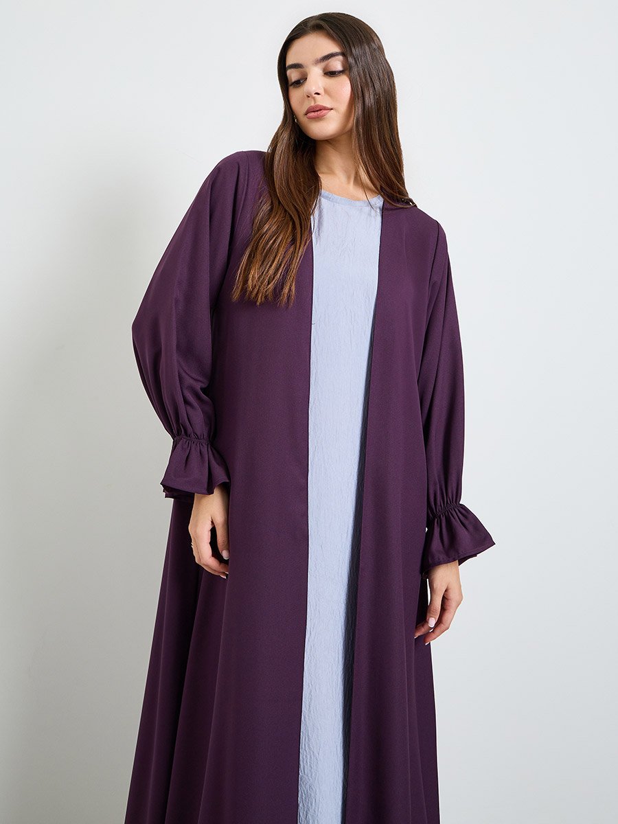 Purple Solid Frill Sleeves Front Open Abaya