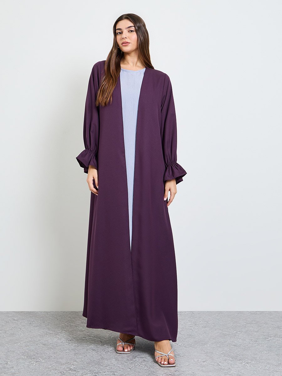 Purple Solid Frill Sleeves Front Open Abaya