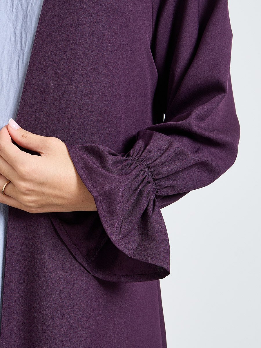 Purple Solid Frill Sleeves Front Open Abaya