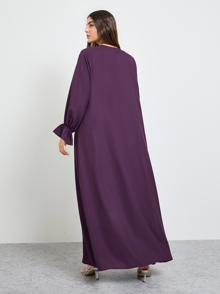 Purple Solid Frill Sleeves Front Open Abaya