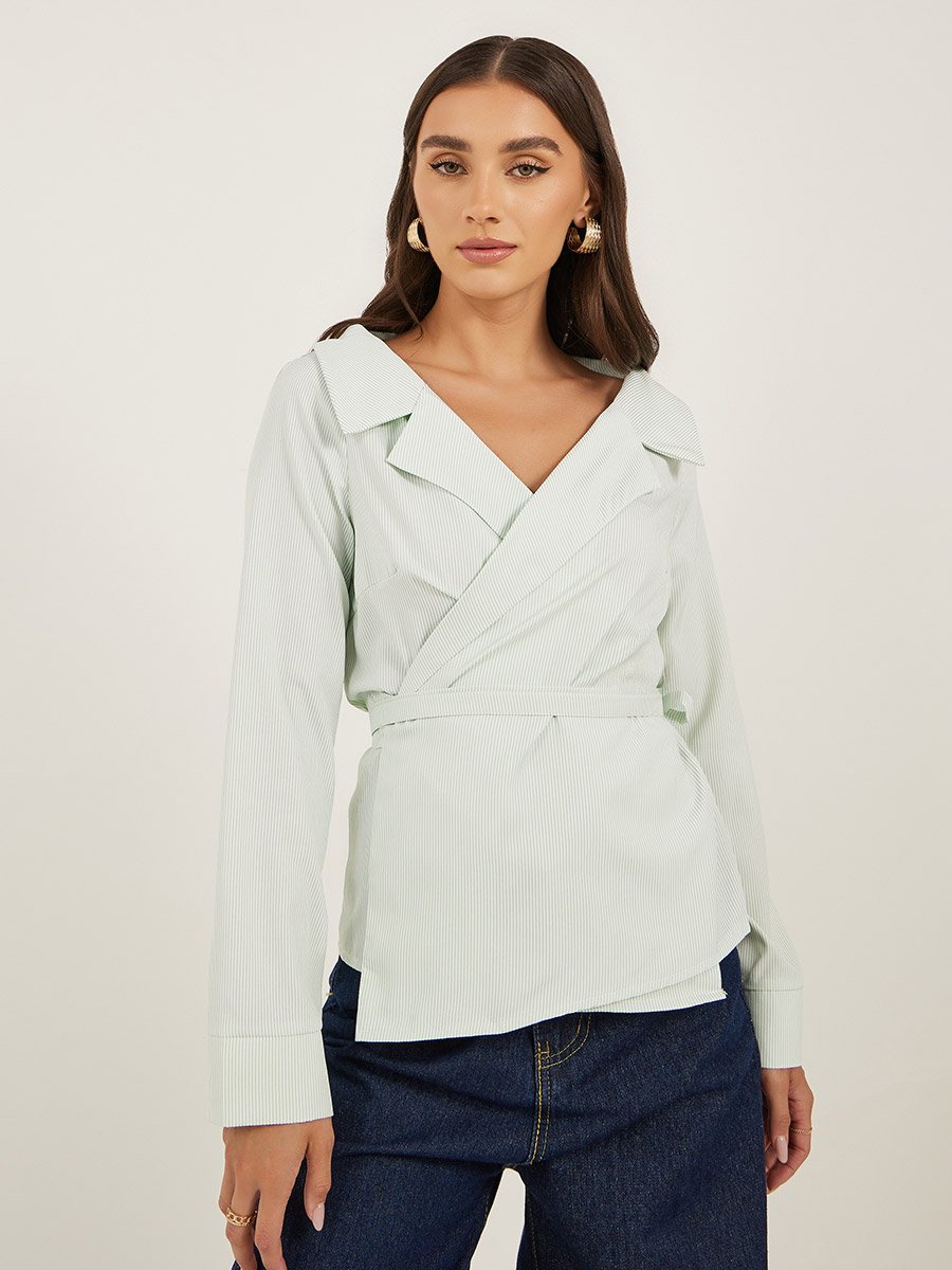 Striped Notch Lapel Wrap Top with Tie Detail