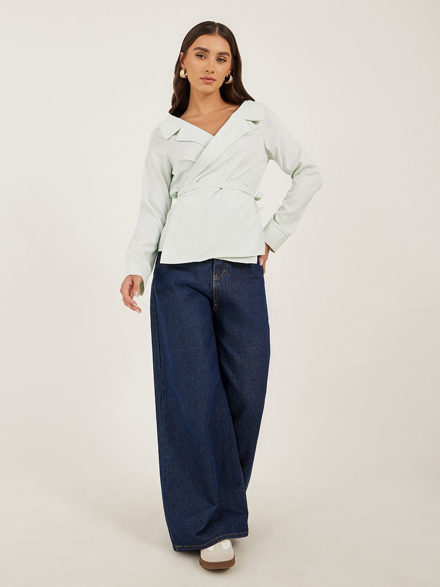 Striped Notch Lapel Wrap Top with Tie Detail