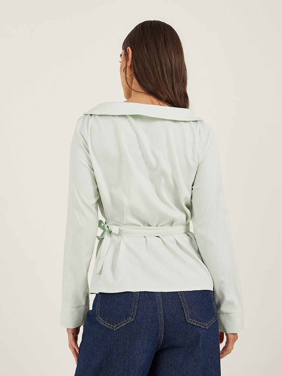 Striped Notch Lapel Wrap Top with Tie Detail